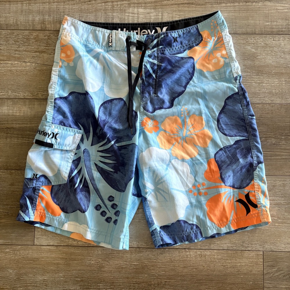Hurley Board‎ Shorts Men 31 Blue Orange Tropical Hibiscus Floral Swim Trunks